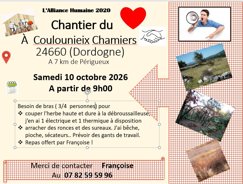 Chantier du ❤️ le 10 octobre 2026 à COULOUNIEIX CHAMIERS (24660 Dordogne)